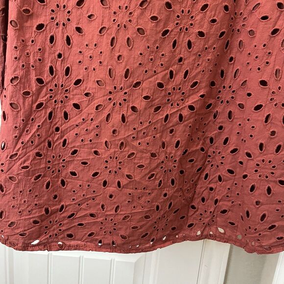 BTFBM Rust Boho Eyelet Crochet Lined Puff Sleeve Button Up Top Womens Size XL - Picture 9 of 10